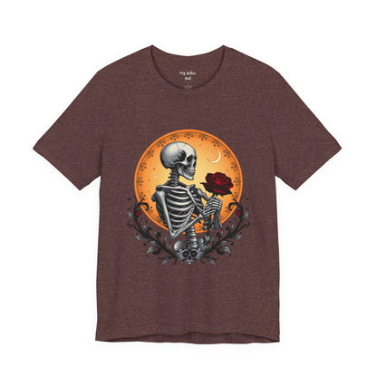 Mystical Gothic Skeleton and Black Rose Under Crescent Moon T-Shirt Design