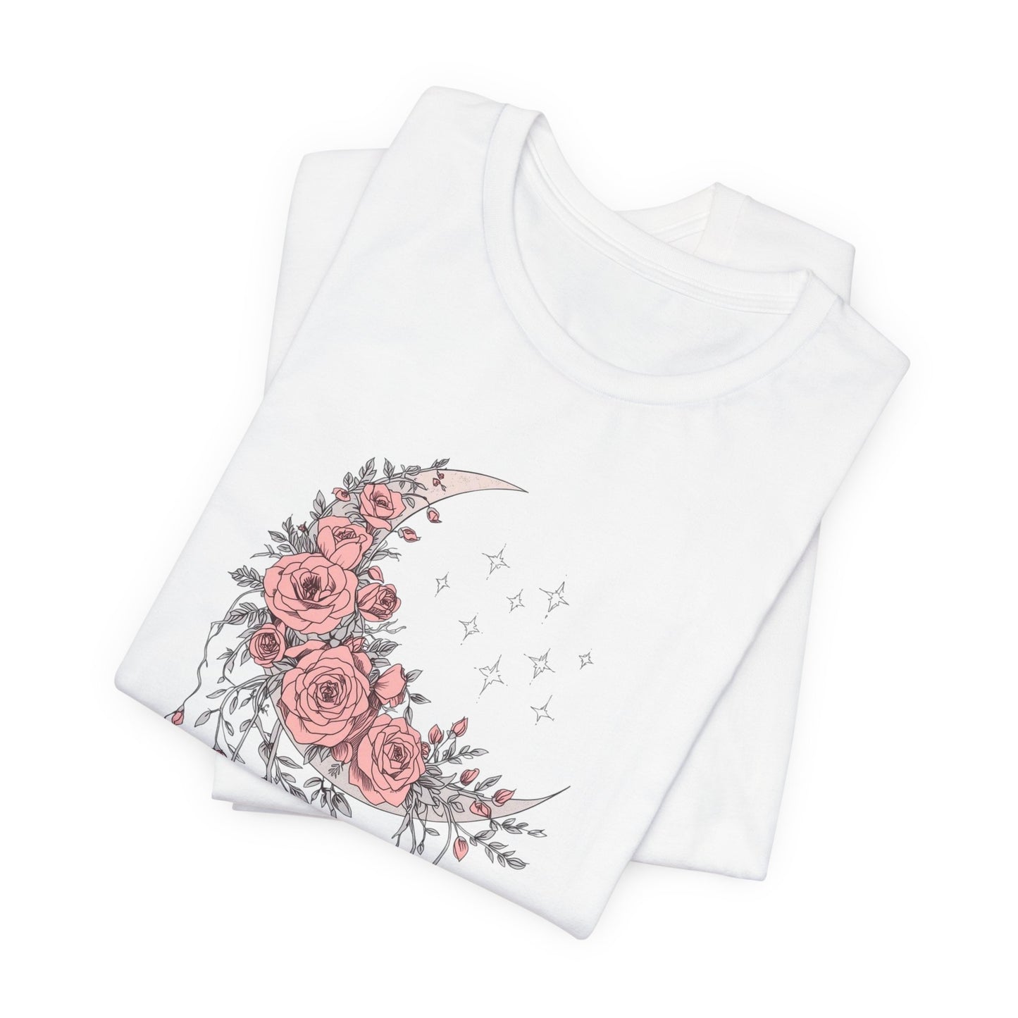 Celestial Goth Crescent Moon Tee with Dripping Florals – Mystic Graphic Art