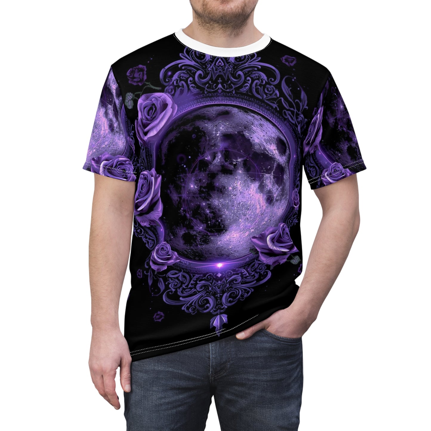 Purple Moon & Roses Tee — Gothic Floral Moonlight All-Over Print Shirt