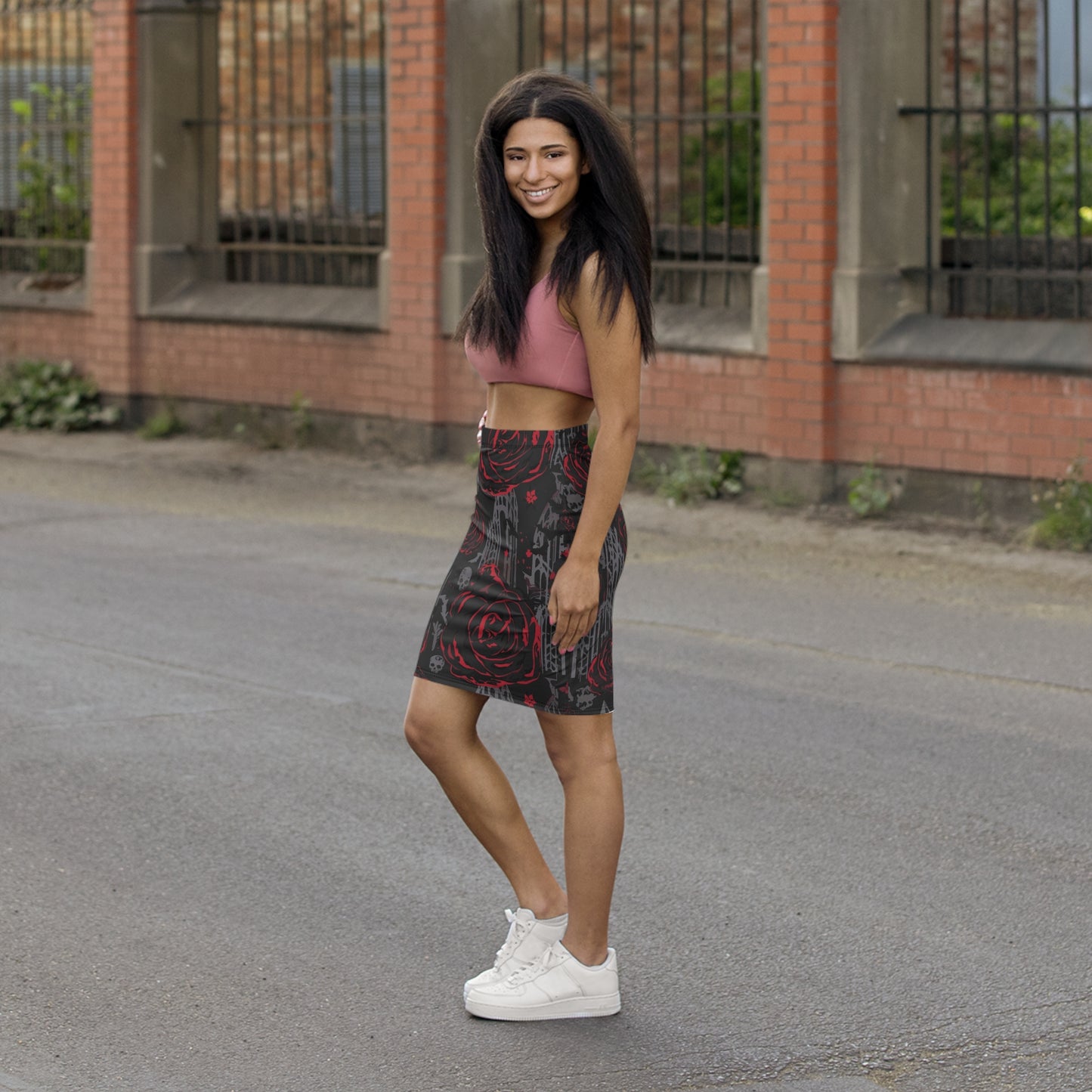 Gothic Red Rose Pencil Skirt — Skull & Gate Floral Midi
