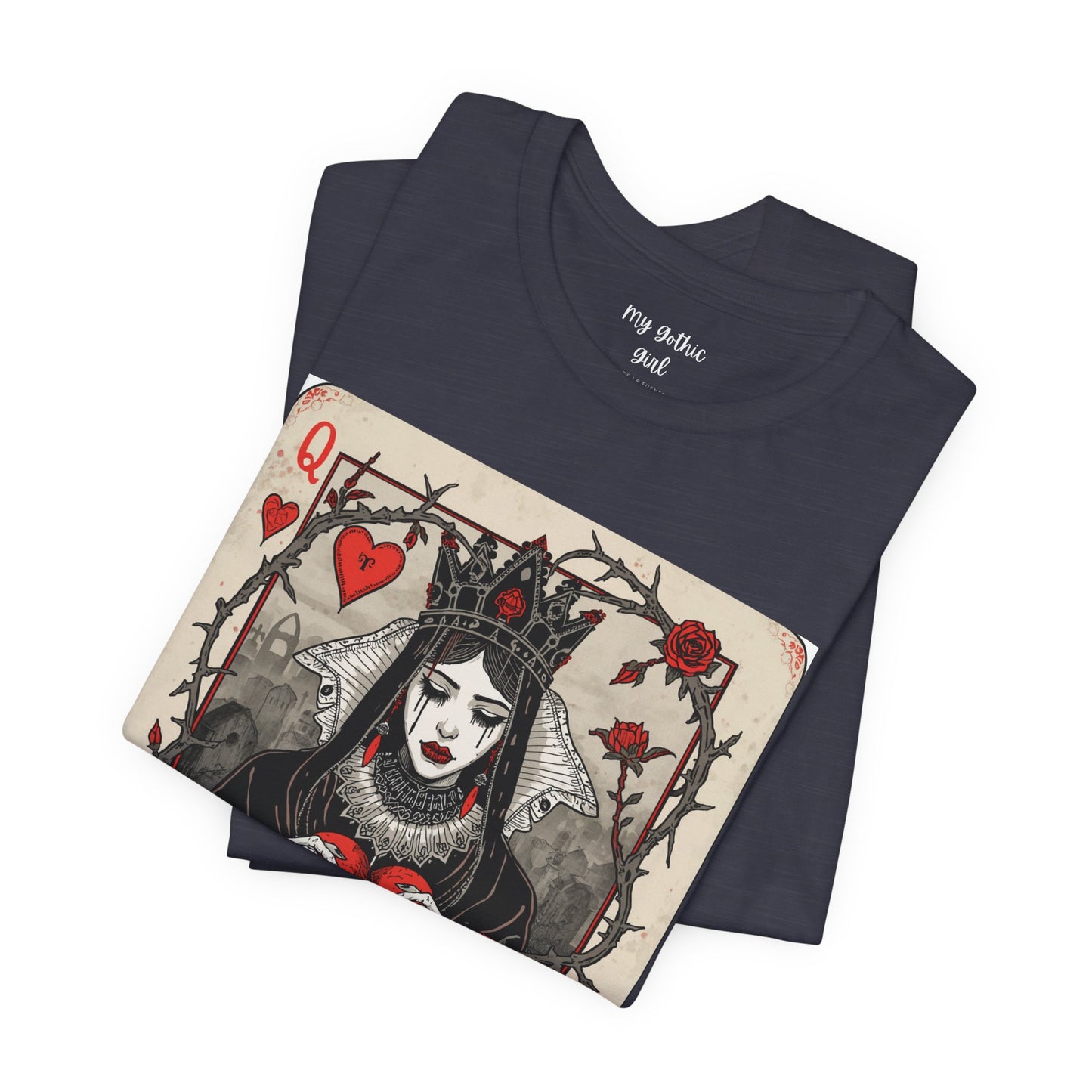 Queen of Hearts Playing Card T-Shirt — Gothic Rose Broken Heart Graphic Tee