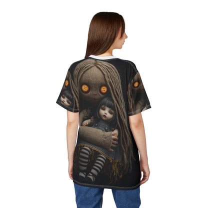 Gunny Sack Doll with Toy Gothic Doll | Horror All-Over Print T‑Shirt
