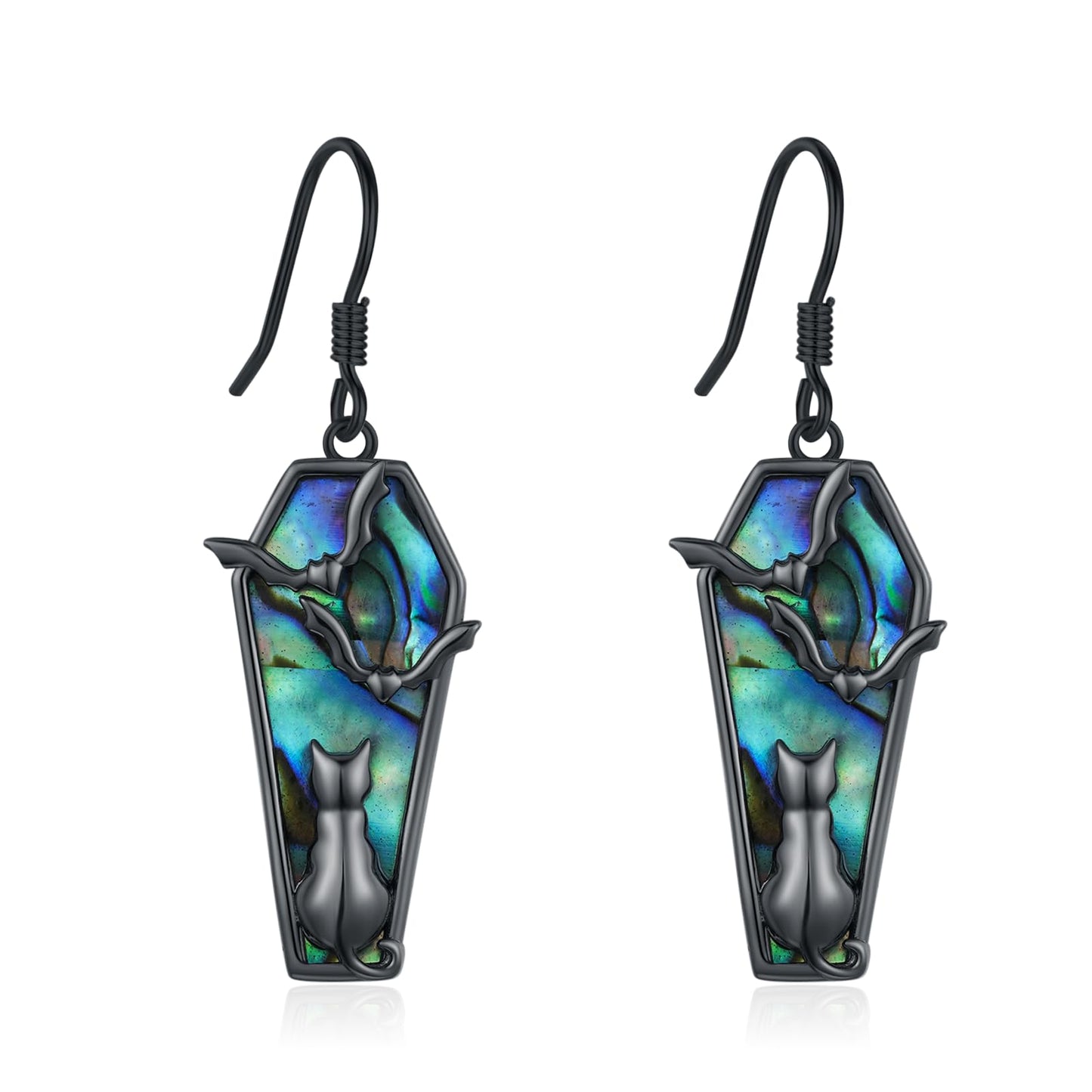 Suiknsn Black Cat Earrings for Women 925 Sterling Silver Abalone Shell Bat Coffin Dangle Drop Earrings Gothic Jewelry Halloween Birthday Gifts for Girlfriend Christmas Stocking Stuffers