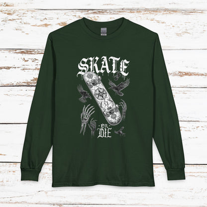 Gothic Skull Skateboard Long Sleeve Shirt — "Skate or Die" Occult Street Rebellion