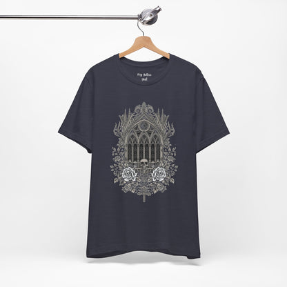 Gothic Cathedral Floral Tee — Intricate Rose Window Graphic T-Shirt