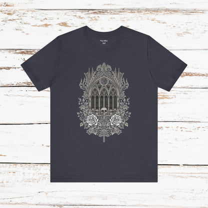 Gothic Cathedral Floral Tee — Intricate Rose Window Graphic T-Shirt