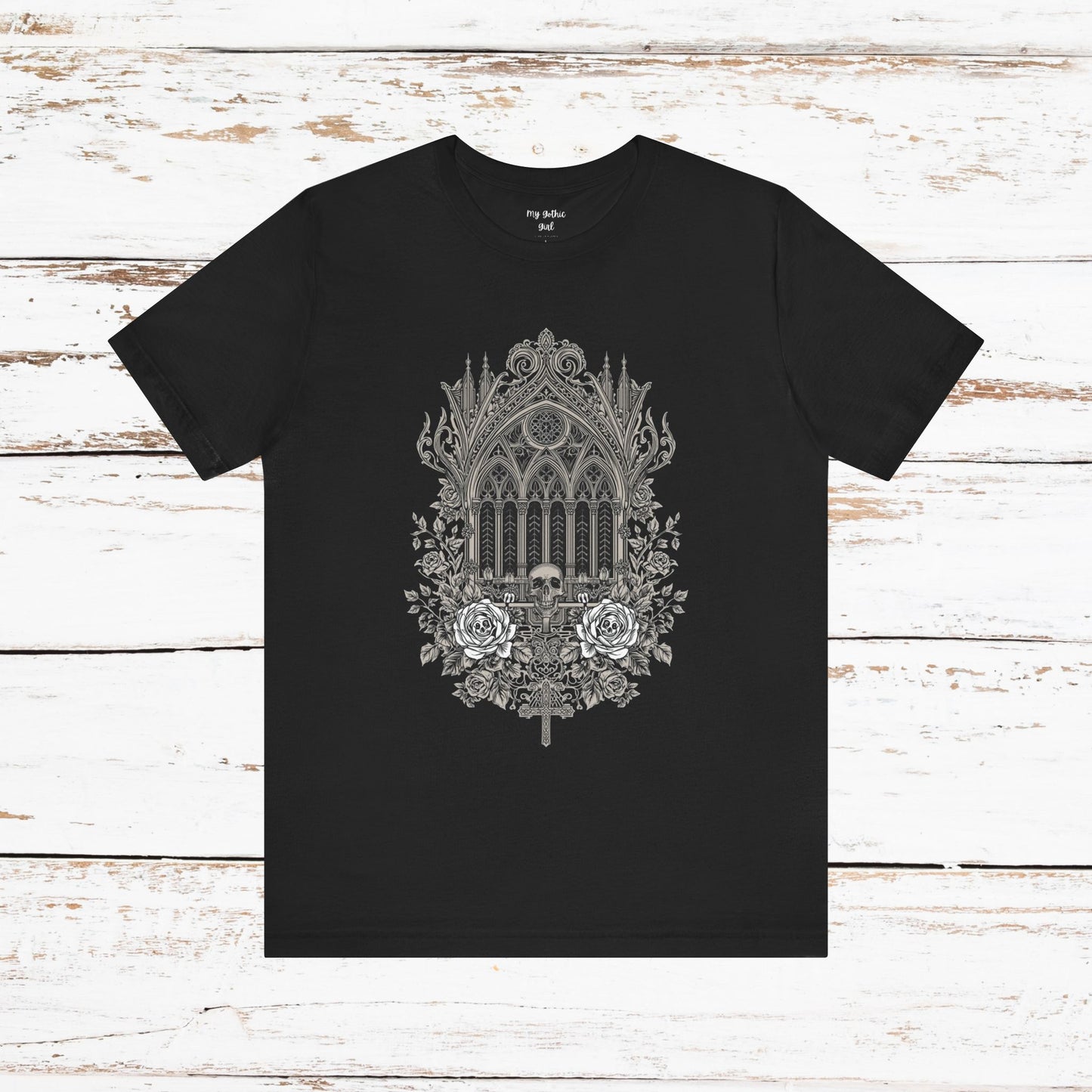 Gothic Cathedral Floral Tee — Intricate Rose Window Graphic T-Shirt
