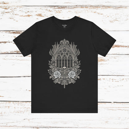 Gothic Cathedral Floral Tee — Intricate Rose Window Graphic T-Shirt