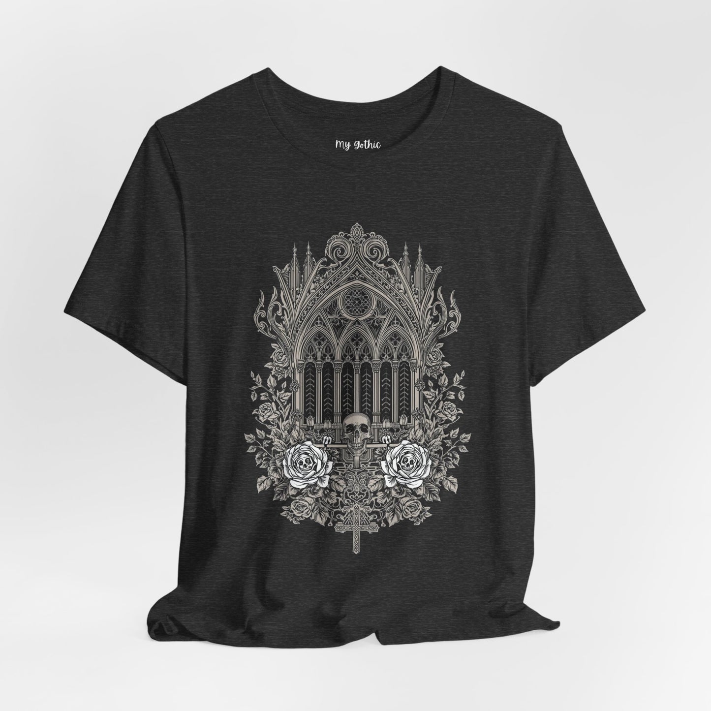 Gothic Cathedral Floral Tee — Intricate Rose Window Graphic T-Shirt