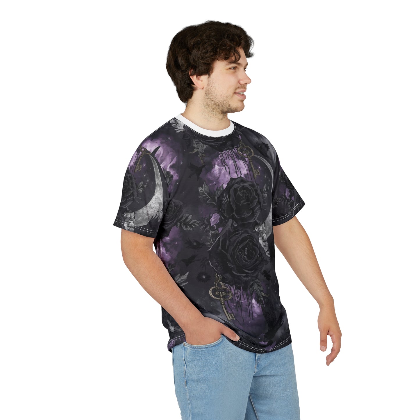 Gothic Moon & Roses Tee — Dark Floral Crescent Moon Keys All-Over Print