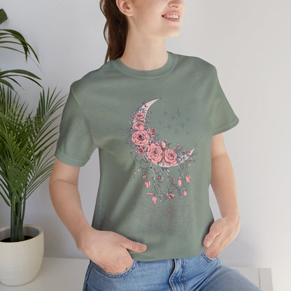 Celestial Goth Crescent Moon Tee with Dripping Florals – Mystic Graphic Art