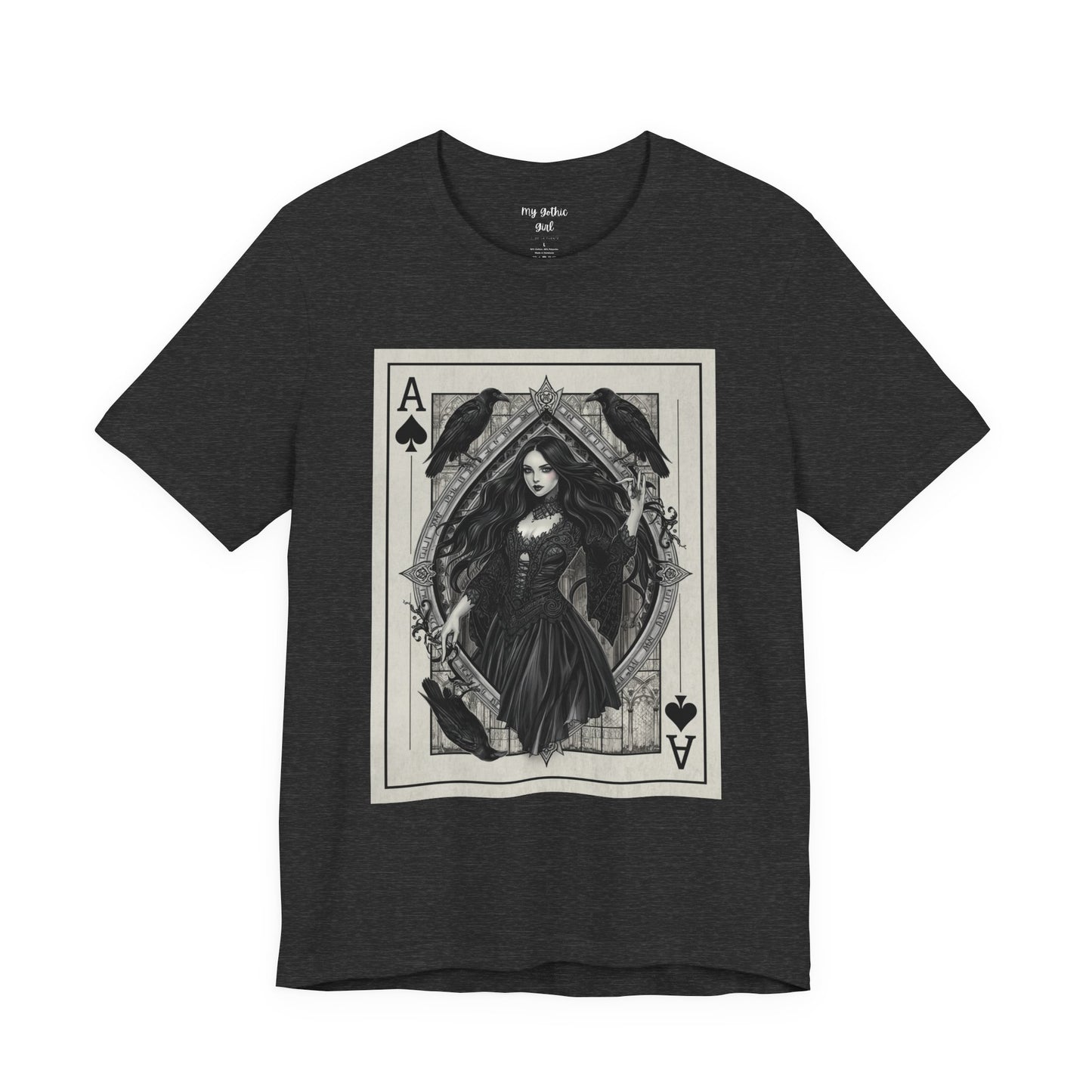 Ace of Spades Gothic Playing Card T‑Shirt — Dark Victorian Witch Illustration