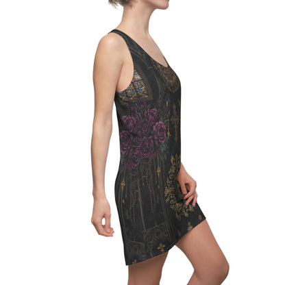Gothic Rose Racerback Dress — Gold Cross & Velvet Floral AOP