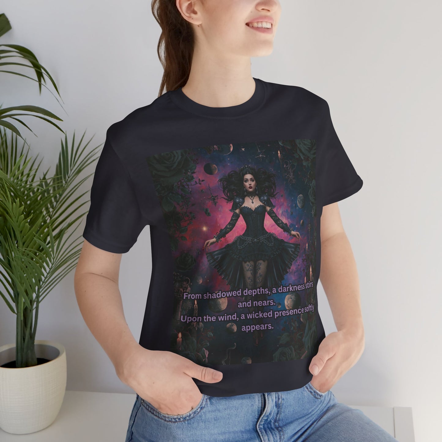 Gothic Sorceress Tee — "From shadowed depths..." Dark Fantasy Graphic T-Shirt