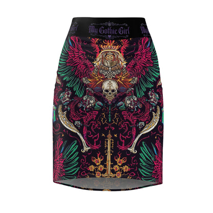 Gothic Skull Winged Crest Pencil Skirt – 'My Gothic Girl' AOP