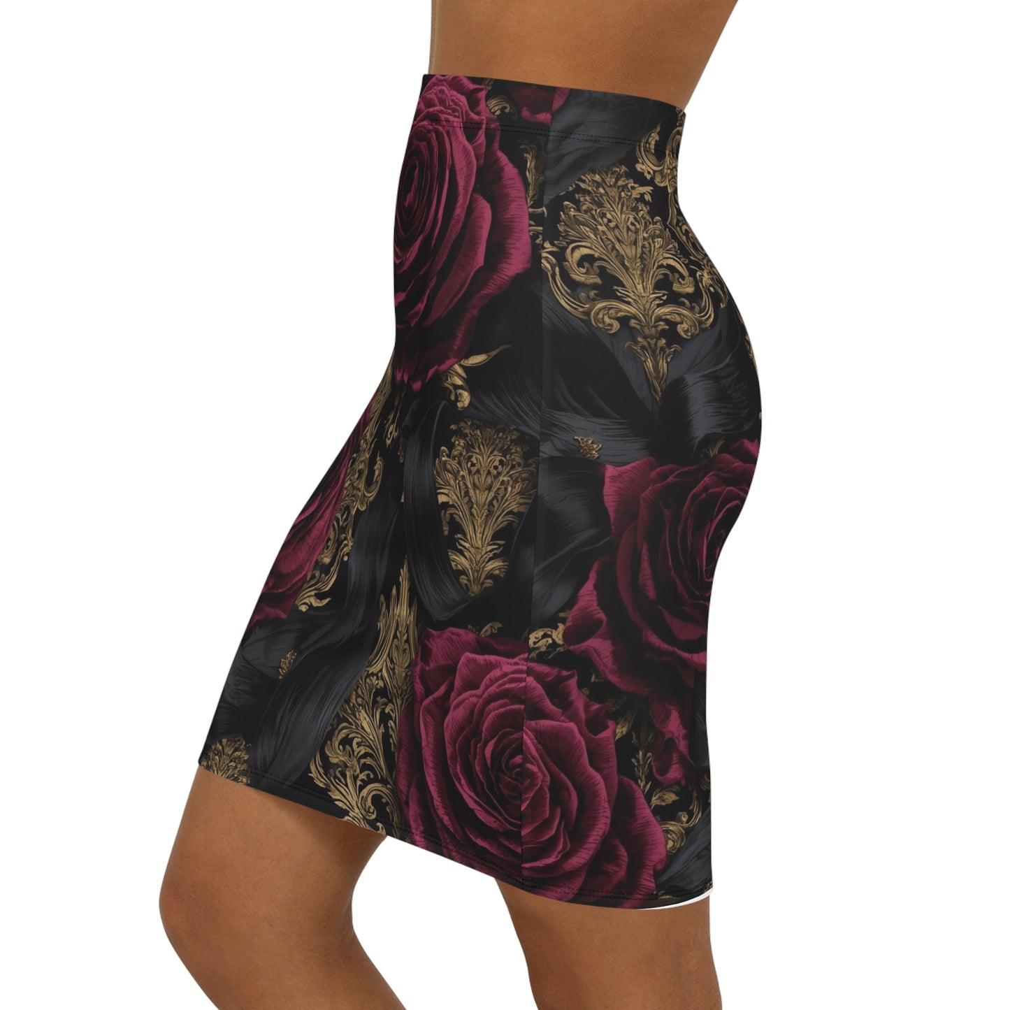 Baroque Rose Pencil Skirt — Floral Gothic Mid‑Waist Fashion
