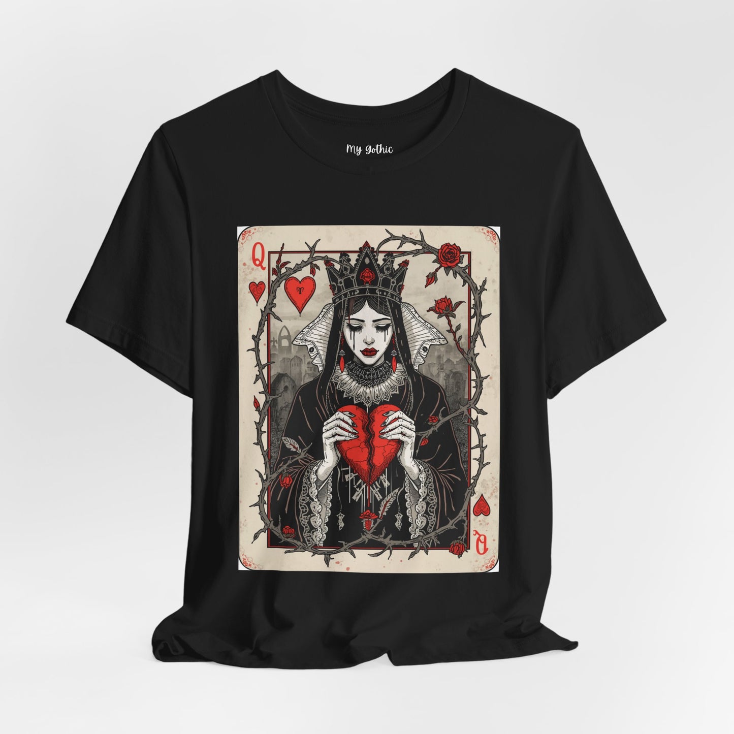 Queen of Hearts Playing Card T-Shirt — Gothic Rose Broken Heart Graphic Tee