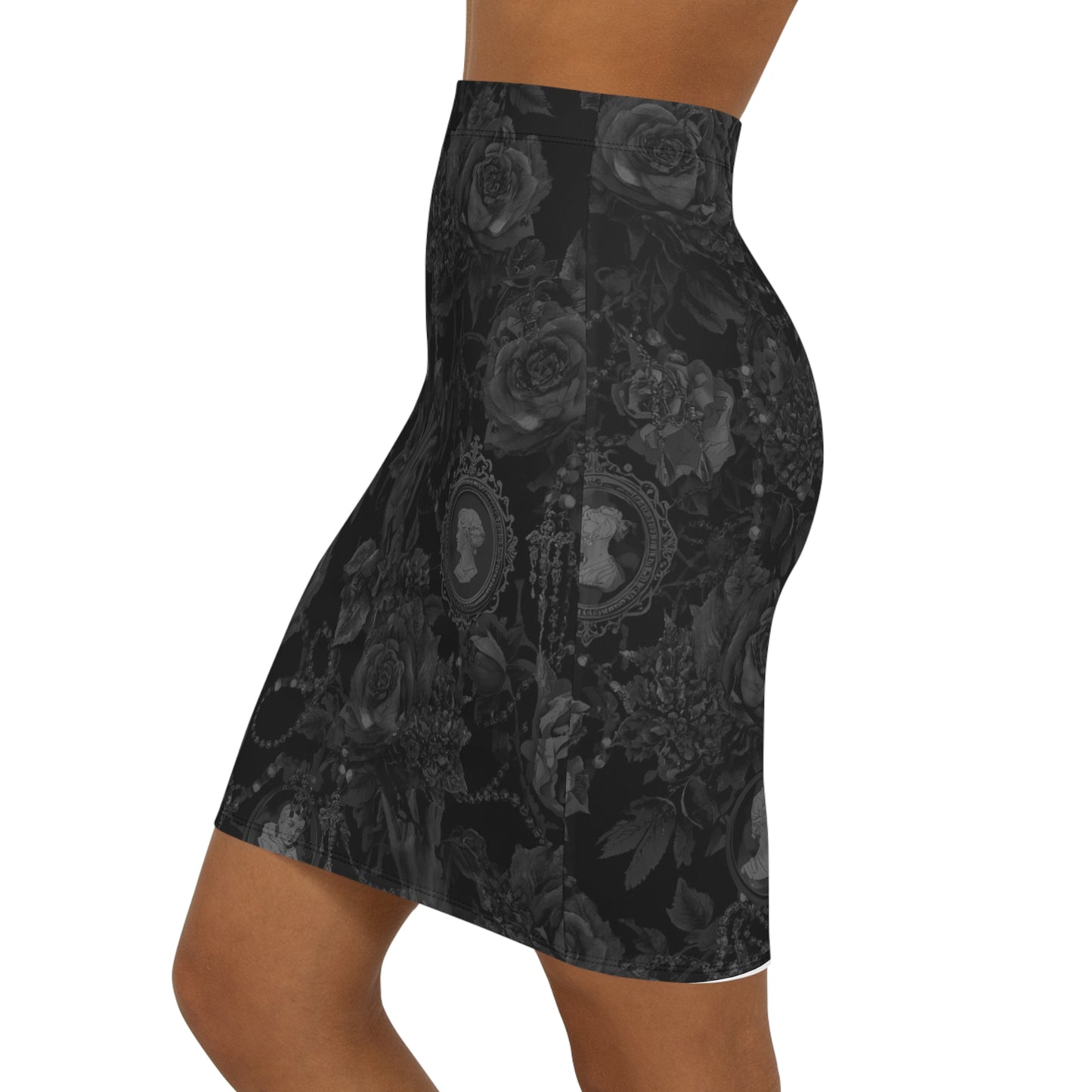 Gothic Cameo Floral Pencil Skirt — Black Victorian Rose Print