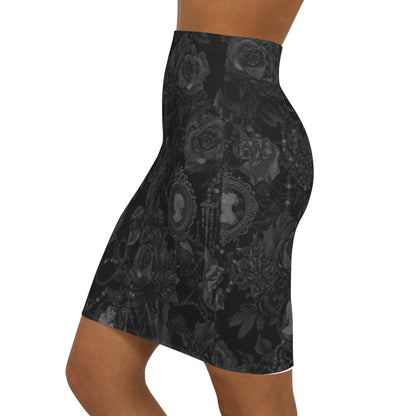 Gothic Cameo Floral Pencil Skirt — Black Victorian Rose Print
