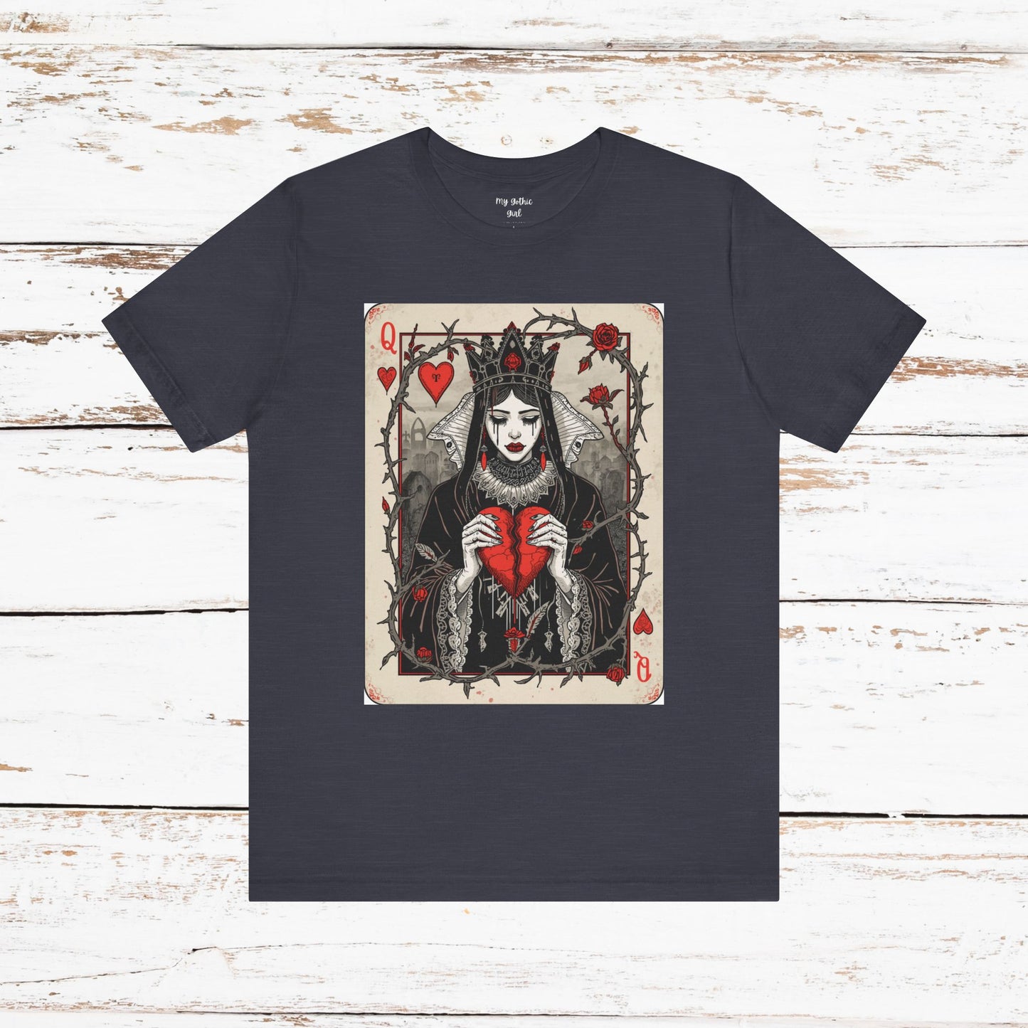 Queen of Hearts Playing Card T-Shirt — Gothic Rose Broken Heart Graphic Tee