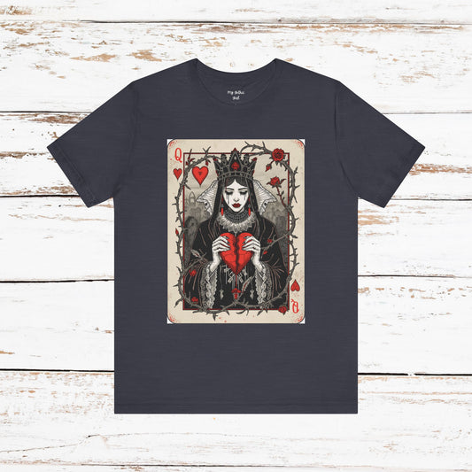 Queen of Hearts Playing Card T-Shirt — Gothic Rose Broken Heart Graphic Tee
