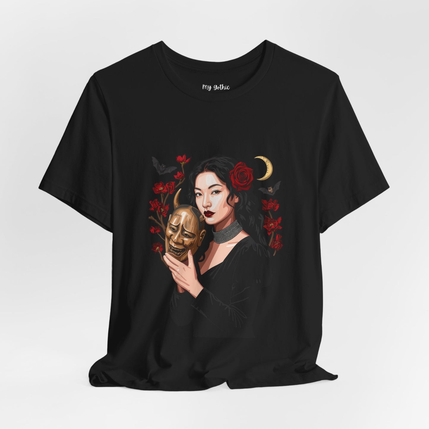 Gothic Rose Maiden Tee — Woman with Mask & Crescent Moon Graphic T-Shirt