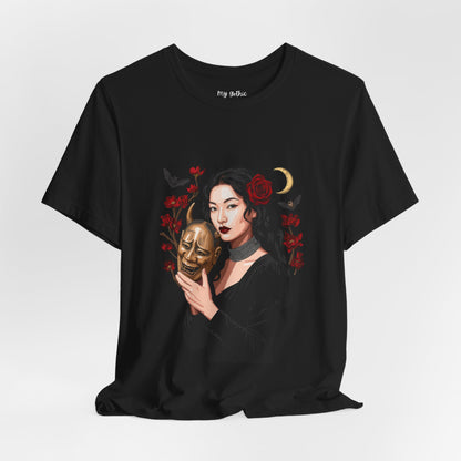 Gothic Rose Maiden Tee — Woman with Mask & Crescent Moon Graphic T-Shirt