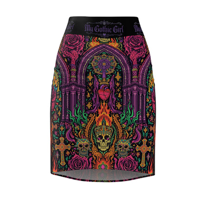 Gothic Skull & Roses Pencil Skirt — 'My Gothic Girl' All-Over Print