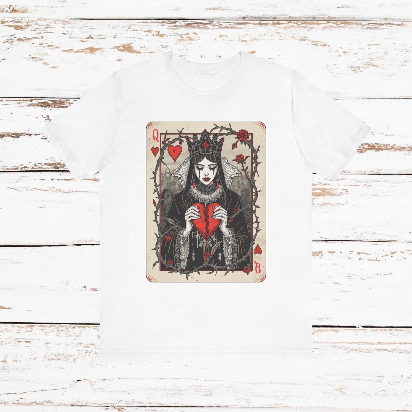 Queen of Hearts Playing Card T-Shirt — Gothic Rose Broken Heart Graphic Tee