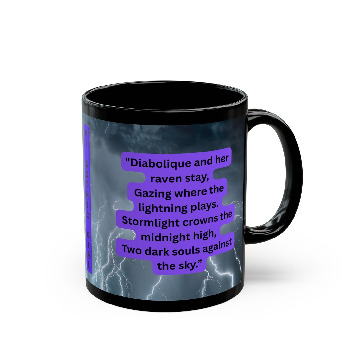 "Diabolique Mistress of Illumination Black 11 oz Mug – “Mystical Gothic witch coffee mug adorned with dark, enchanting design.”