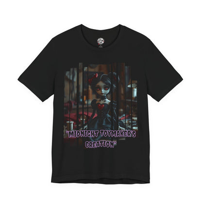 “Midnight Toy-maker's Creation” —hand-stitched Gothic doll Graphic T-Shirt – Alt Aesthetic Poetic Goth Street-wear