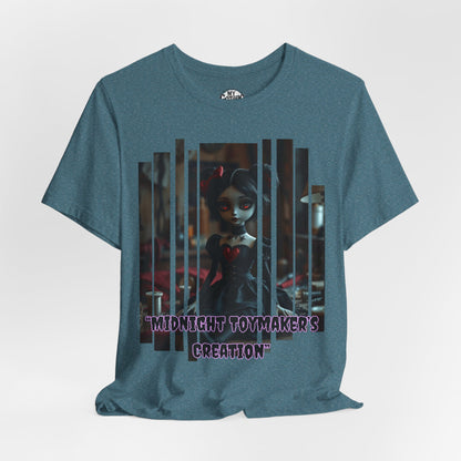“Midnight Toy-maker's Creation” —hand-stitched Gothic doll Graphic T-Shirt – Alt Aesthetic Poetic Goth Street-wear