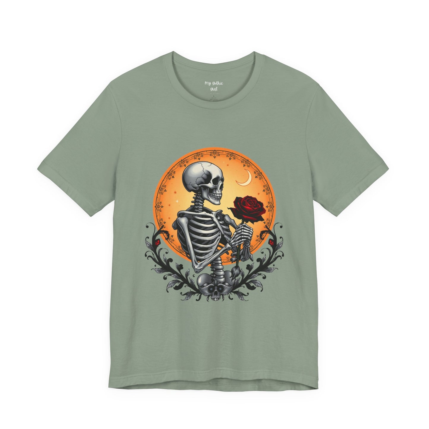 Mystical Gothic Skeleton and Black Rose Under Crescent Moon T-Shirt Design
