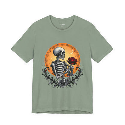 Mystical Gothic Skeleton and Black Rose Under Crescent Moon T-Shirt Design