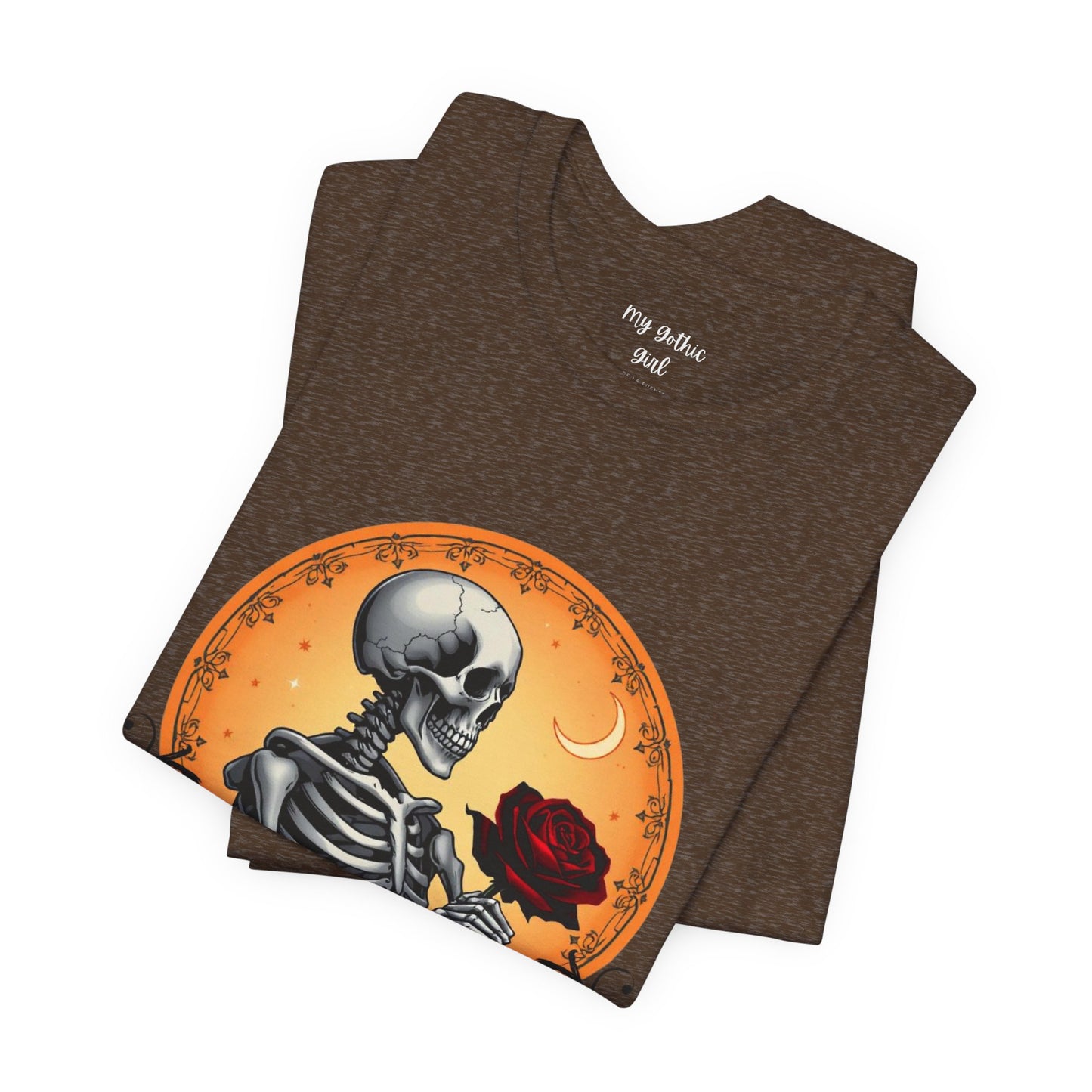 Mystical Gothic Skeleton and Black Rose Under Crescent Moon T-Shirt Design