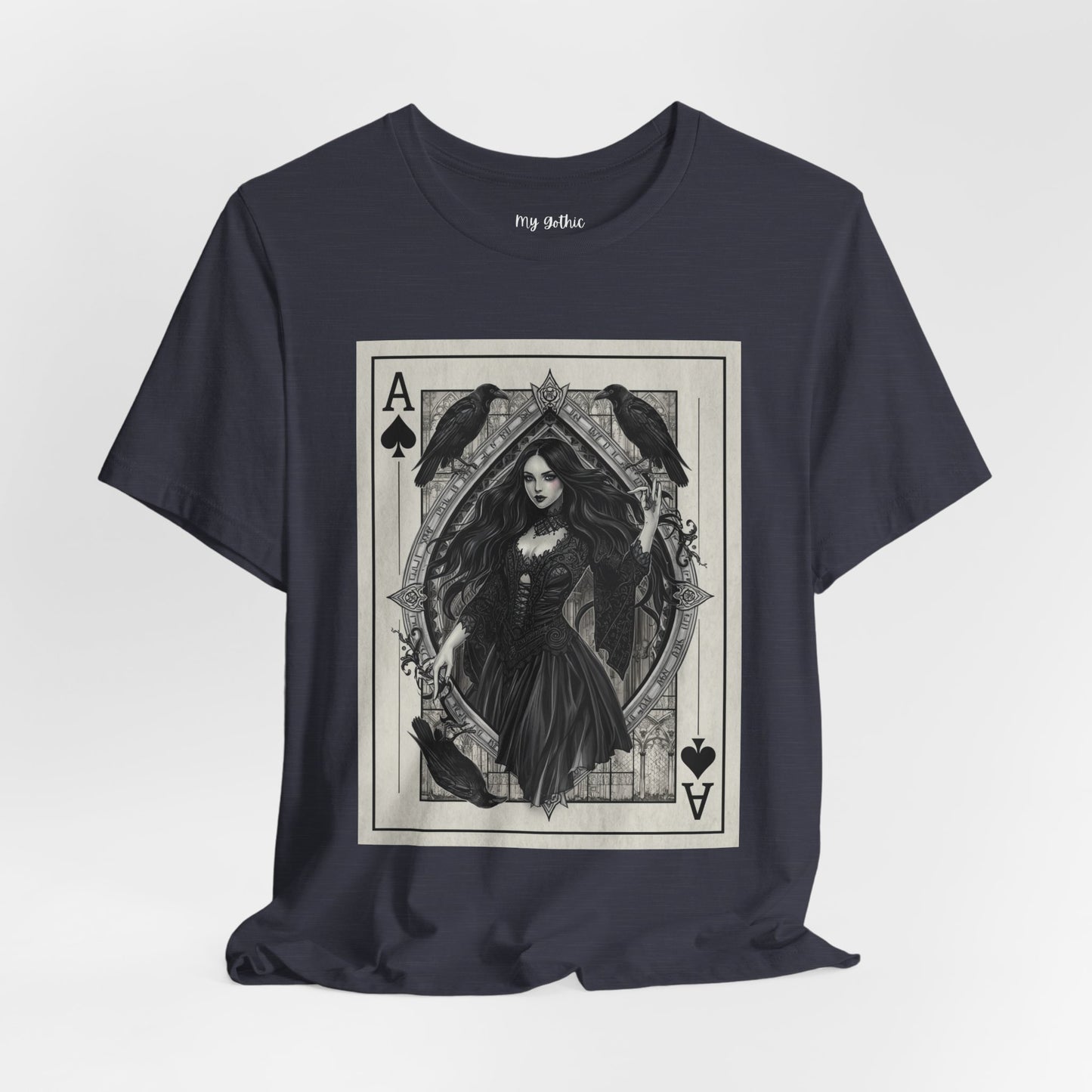 Ace of Spades Gothic Playing Card T‑Shirt — Dark Victorian Witch Illustration