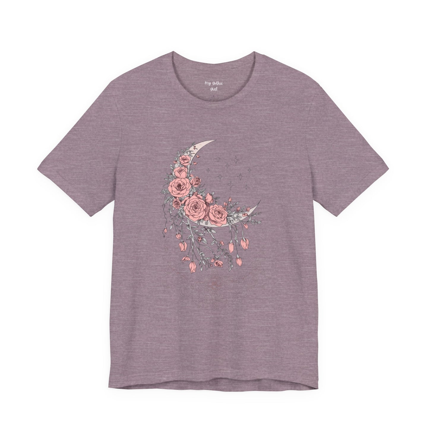 Celestial Goth Crescent Moon Tee with Dripping Florals – Mystic Graphic Art