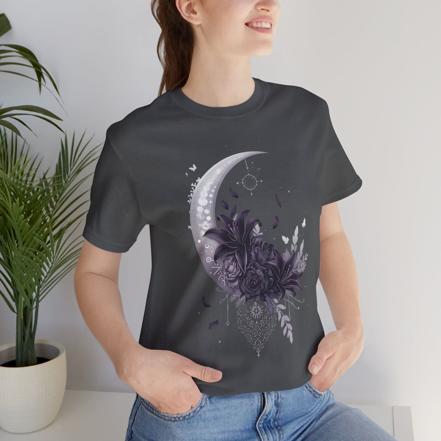 “Moonlit Bouquet & Sacred Soft Goth Symbol” Moonlit Bouquet Unisex Tee - Soft Goth Symbol Floral Design