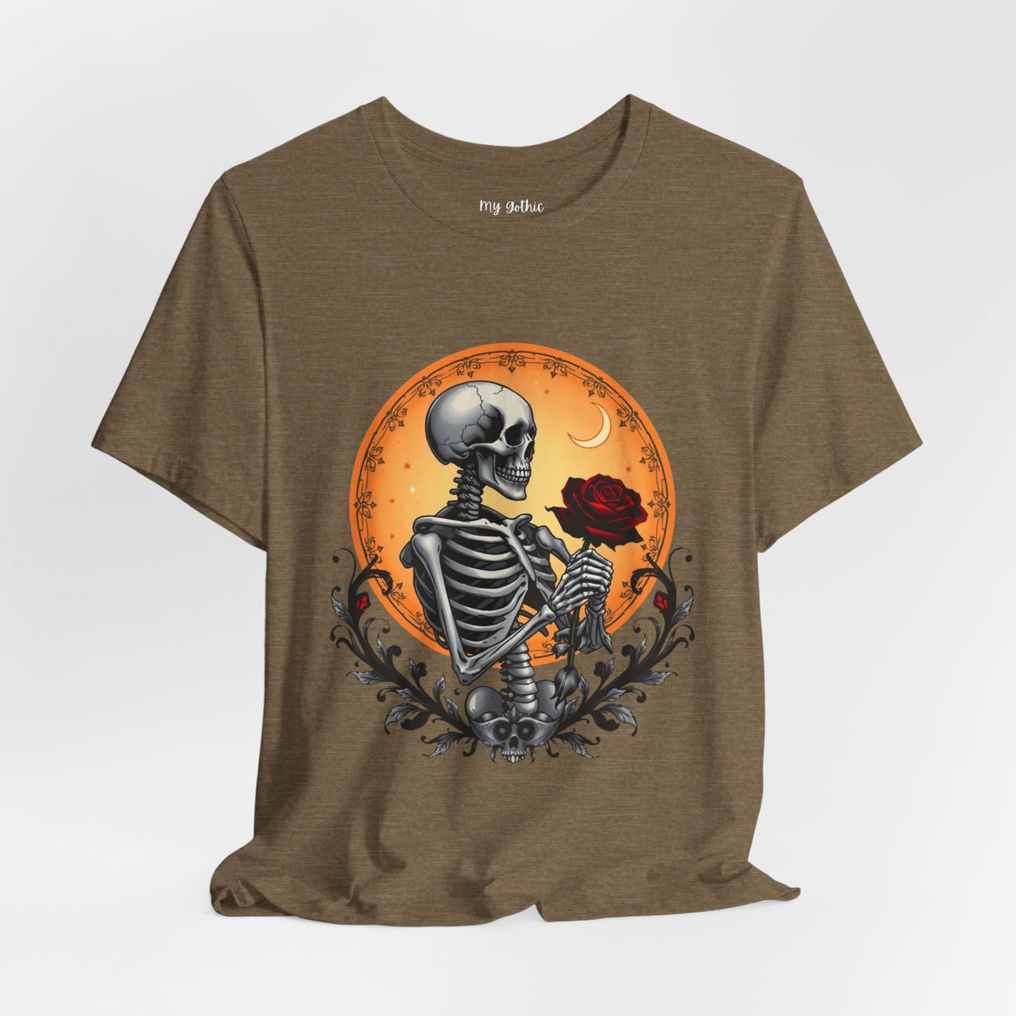 Mystical Gothic Skeleton and Black Rose Under Crescent Moon T-Shirt Design