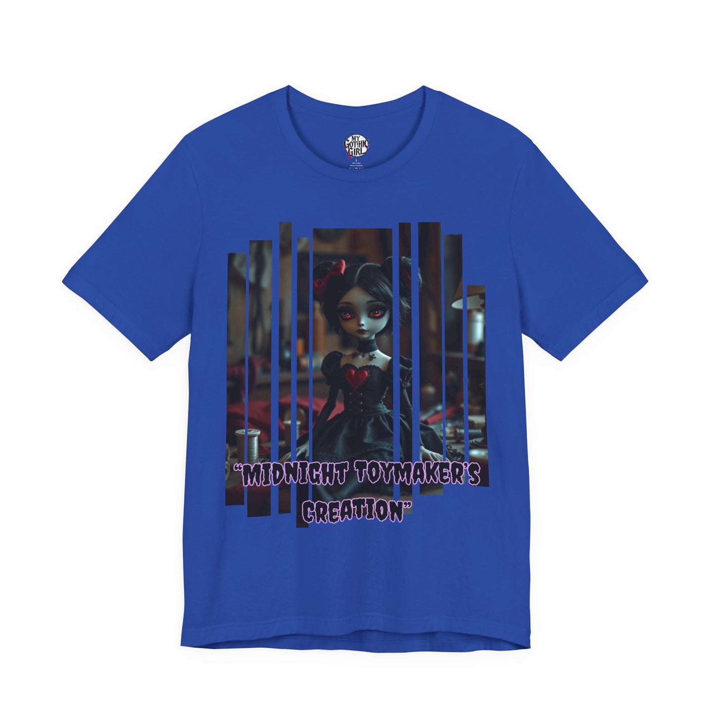“Midnight Toy-maker's Creation” —hand-stitched Gothic doll Graphic T-Shirt – Alt Aesthetic Poetic Goth Street-wear