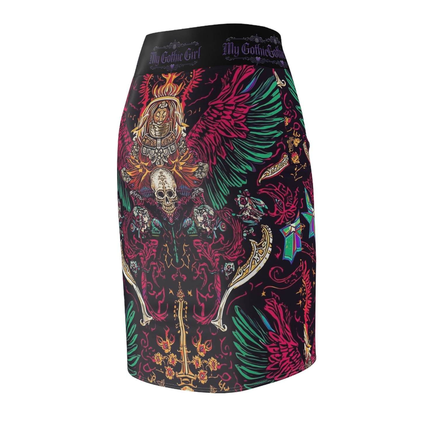 Gothic Skull Winged Crest Pencil Skirt – 'My Gothic Girl' AOP