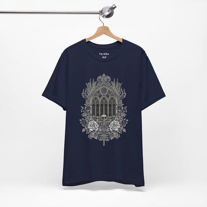 Gothic Cathedral Floral Tee — Intricate Rose Window Graphic T-Shirt