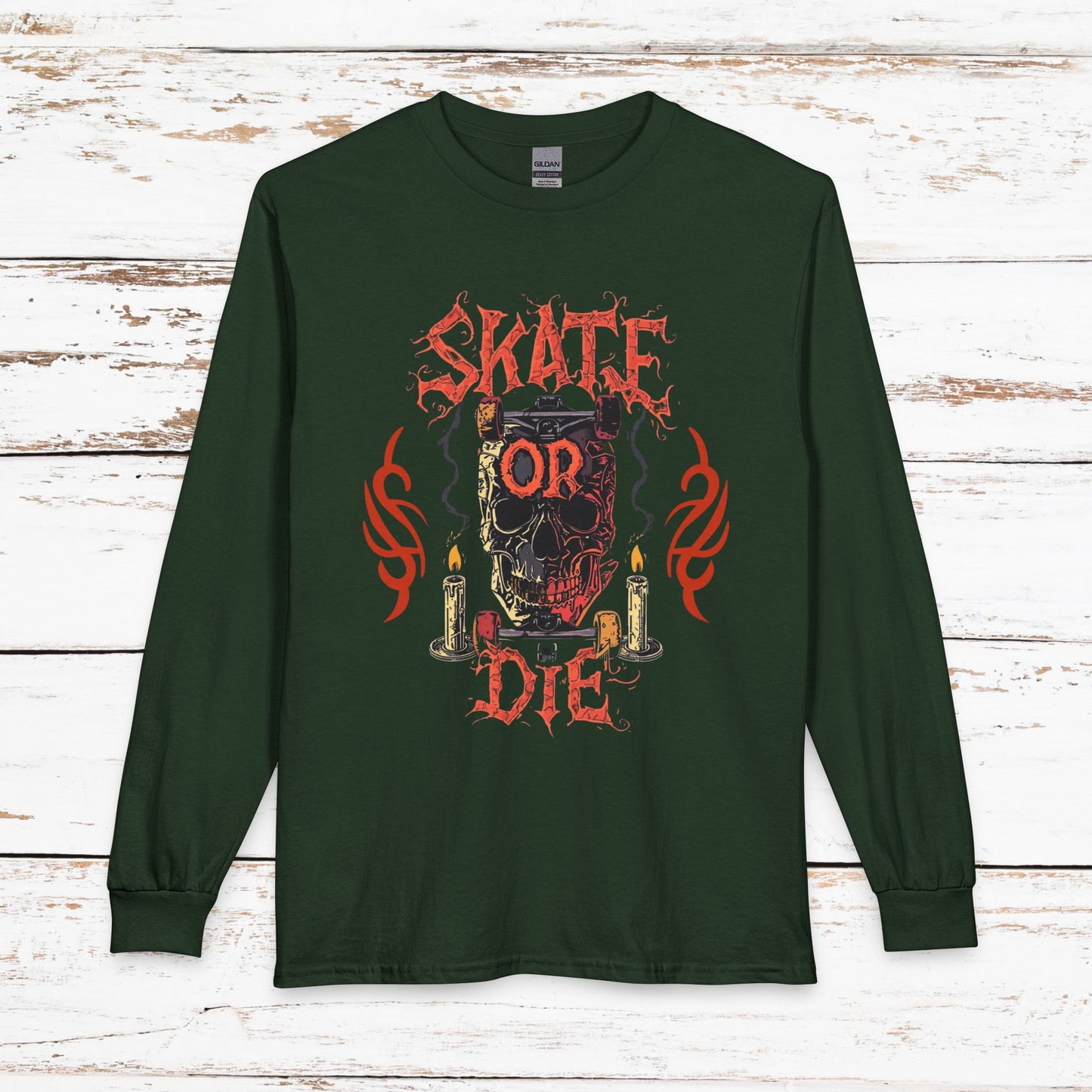 Skate or Die Long Sleeve Shirt — Gothic Skull Skateboard Tee