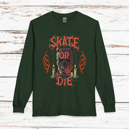 Skate or Die Long Sleeve Shirt — Gothic Skull Skateboard Tee