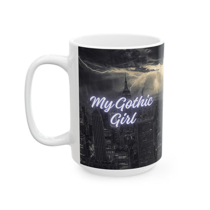 Gothic Angel Ceramic Mug — Moody Cityscape Memorial Coffee Cup (11oz/15oz)