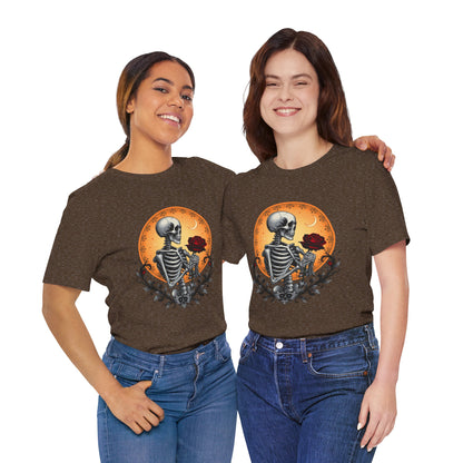 Mystical Gothic Skeleton and Black Rose Under Crescent Moon T-Shirt Design