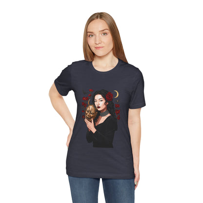 Gothic Rose Maiden Tee — Woman with Mask & Crescent Moon Graphic T-Shirt