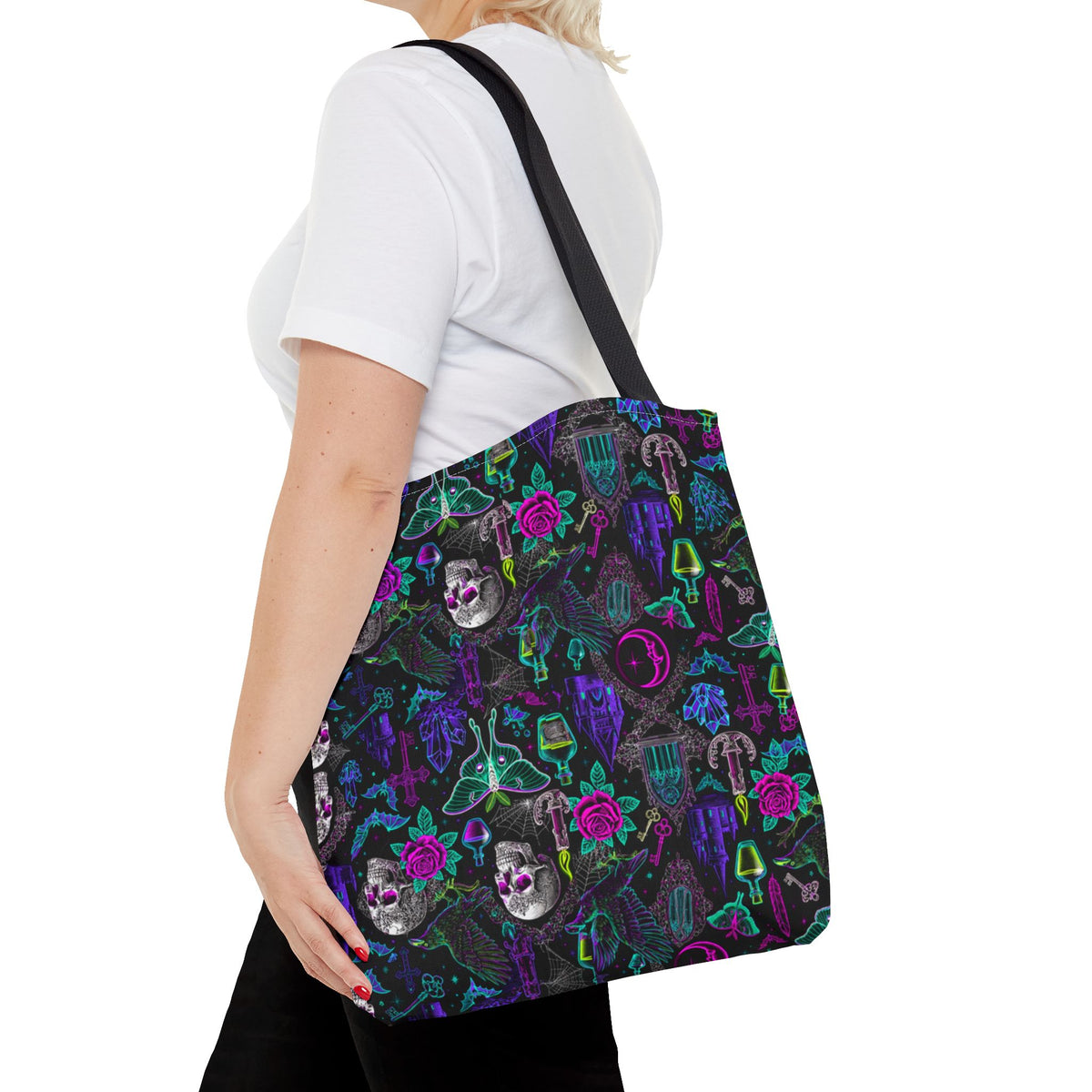 Neon Gothic Skulls & Ravens Tote Bag