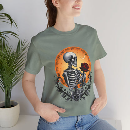 Mystical Gothic Skeleton and Black Rose Under Crescent Moon T-Shirt Design