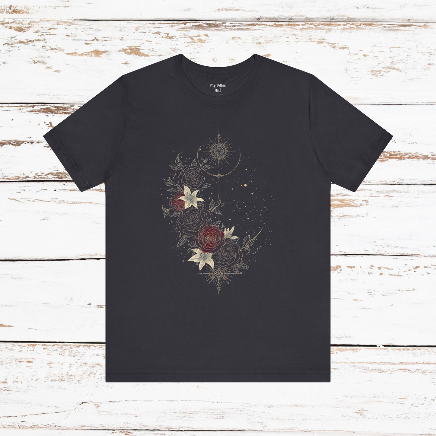 “Dark Floral Moon & Ornamental Geometry” T-Shirt Dark Floral Moon Ornamental Geometry Unisex Jersey Short Sleeve Tee